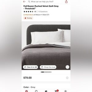 New Threshold ruched velvet quilt queen full gray